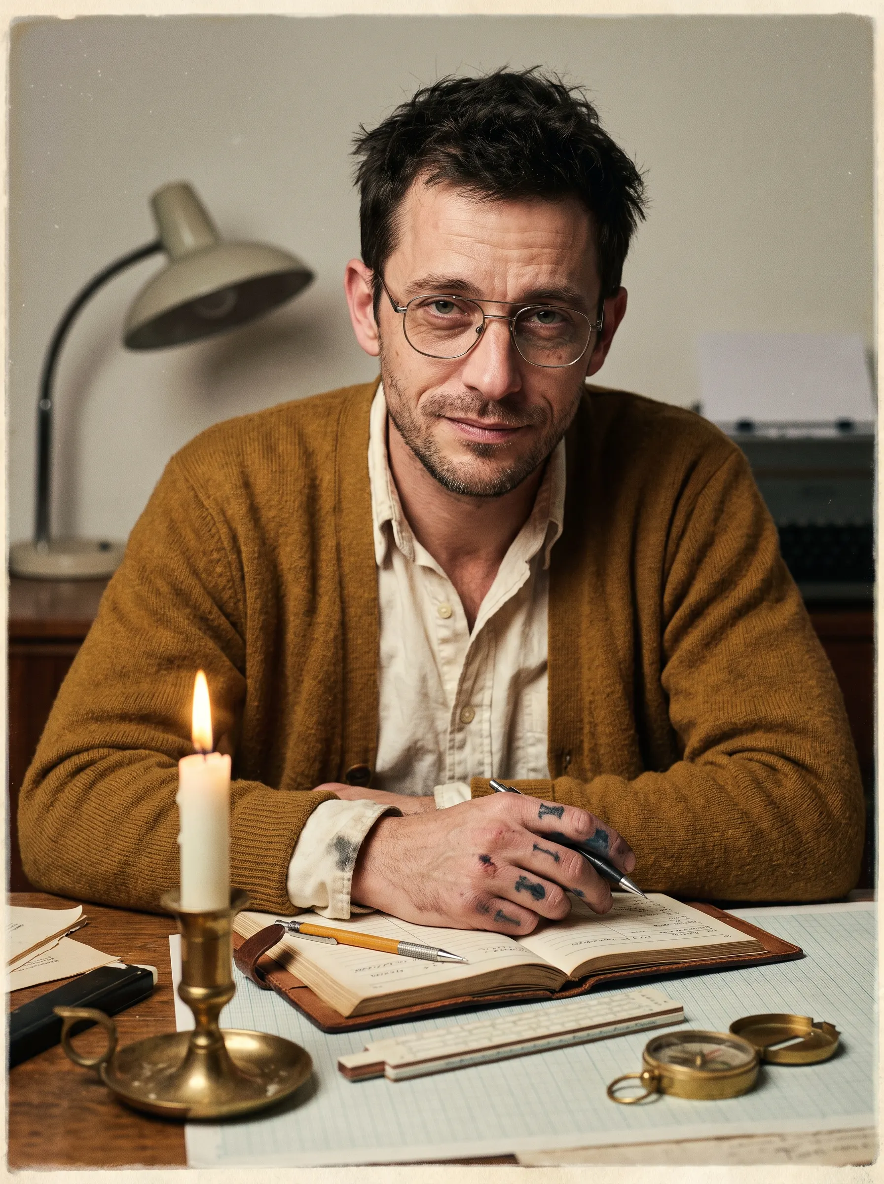 Retrato de M. Pascal sentado à mesa, com cardigã mostarda, óculos, um caderno aberto e uma vela acesa